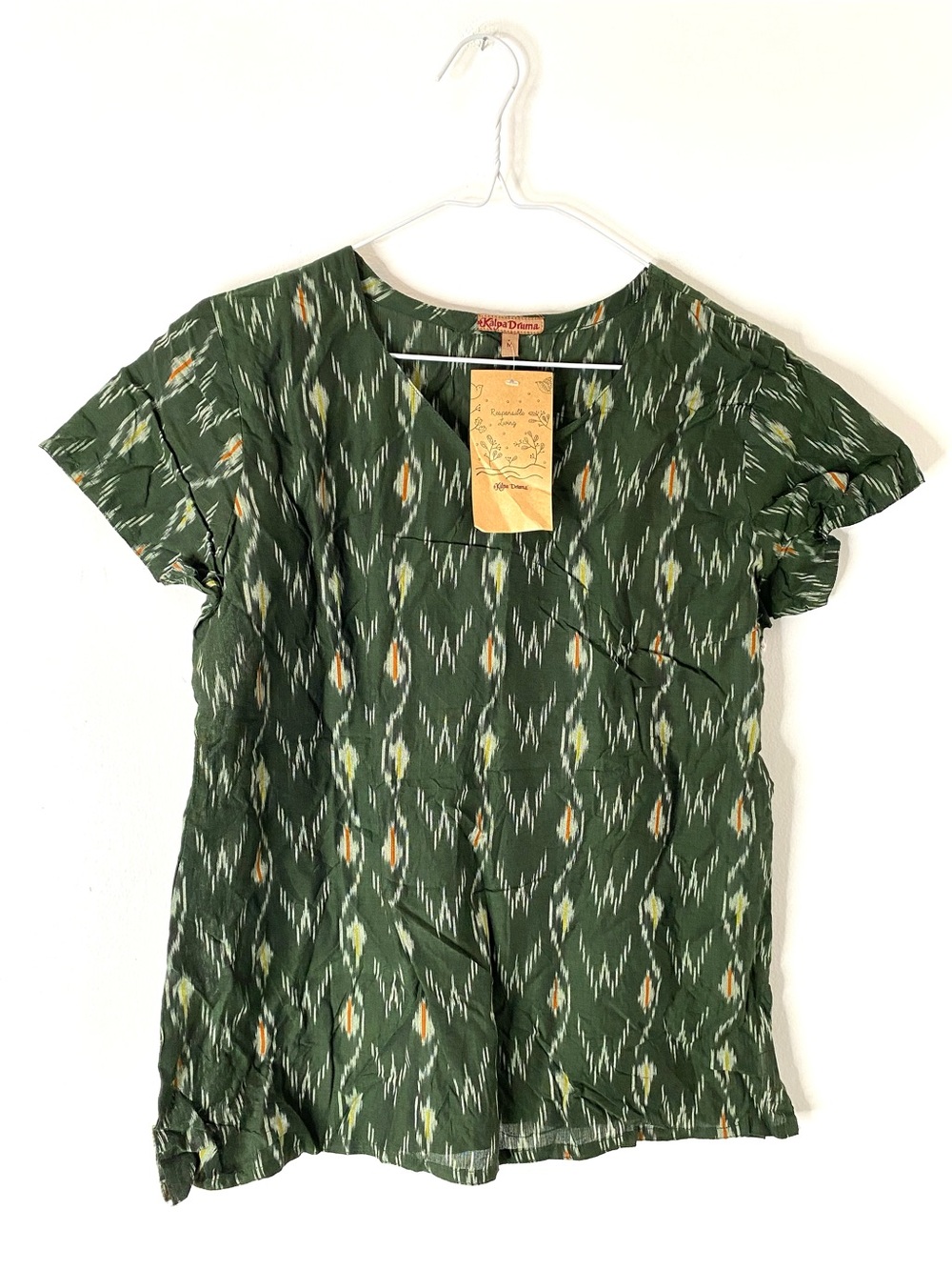 Kalpa Druma NWT Ikat Cotton Blouse Green Artisan Natural Top